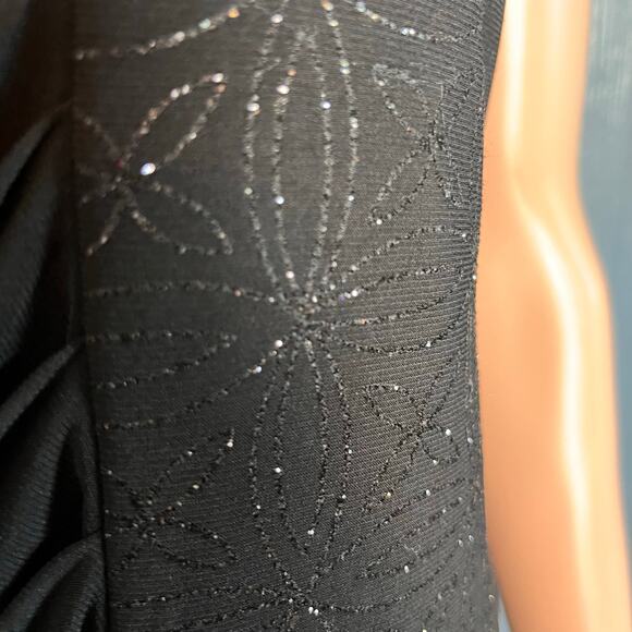 R & M Richards Cocktail Party Black Glittery Ruched Dress Asymmetrical Neck 14 - Picture 4 of 5